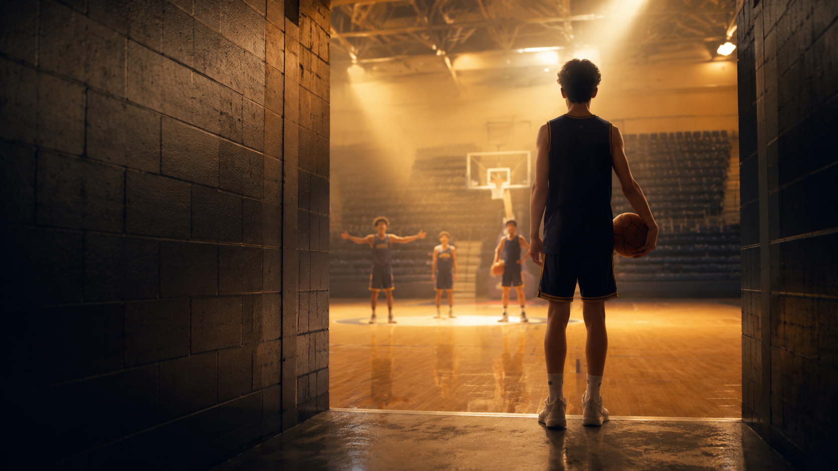 Giovane atleta davanti al campo, pronto a iniziare il proprio percorso nel basket