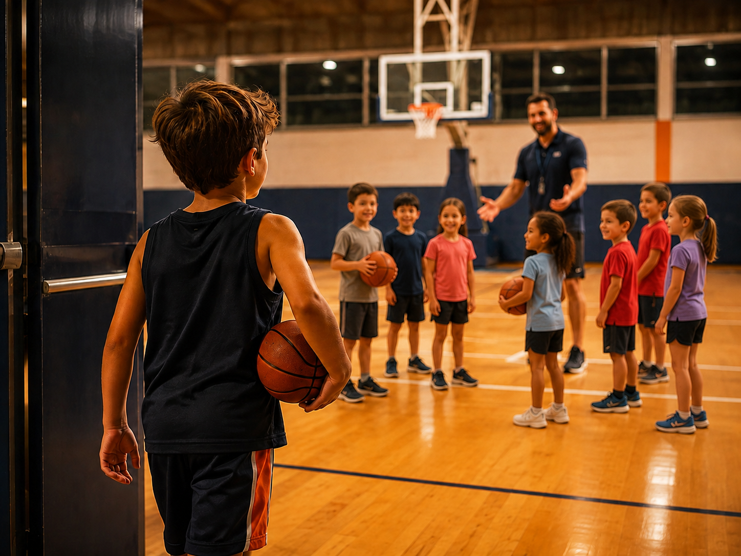 Bambino accolto in palestra dall’istruttore e da un gruppo di piccoli minicestisti